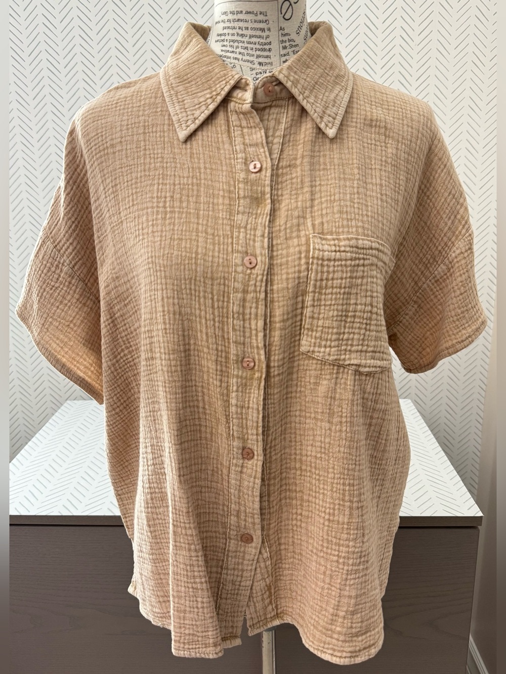 ROOLEE Downtown Lights Textured Gauze Cotton Blend Button Up Wheat Neutral S